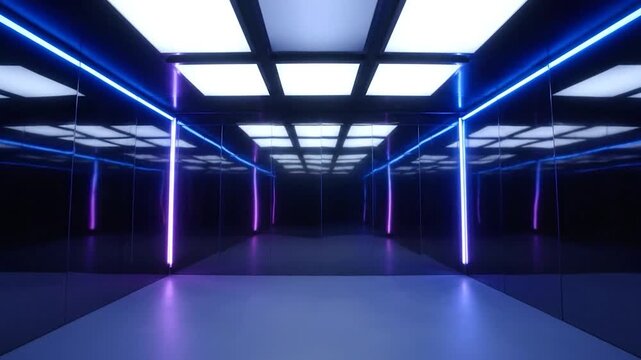 Hallway with mirrored walls, blue/purple lighting, grid ceiling