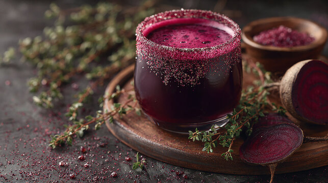 A refreshing beet juice in a glass, with thyme
