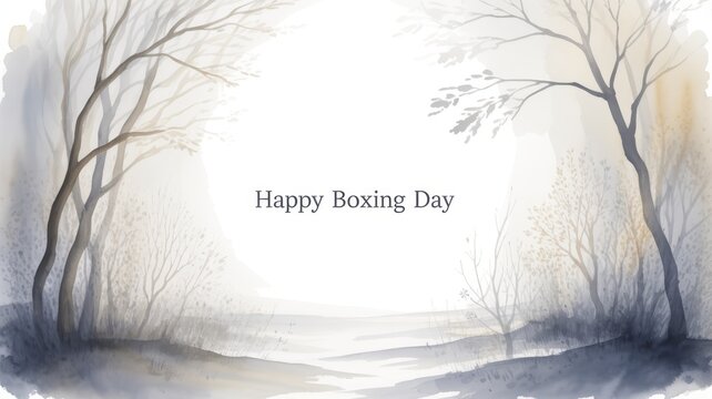 Watercolor style greeting card with bare winter trees wishing happy boxing day