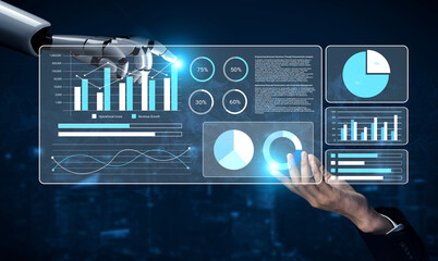 A sleek robot hand reaches towards interactive digital graphs and charts, showcasing advanced technology in data analysis, perfect for modern business environments. Gantry