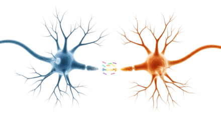 Two neurons communicating with colorful neurotransmitters in the synaptic gap, cutout, PNG isolated on white or transparent background