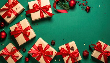 Festive Christmas Gifts Wrapped with Red Ribbons and Ornaments on Green Background.
