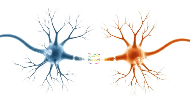 Two neurons communicating with colorful neurotransmitters in the synaptic gap, cutout, PNG isolated on white or transparent background