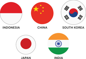 asian country flags round icon set for global education and decor