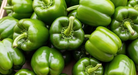 Fresh Green Bell Peppers Pile Healthy Vegetables Close Up.