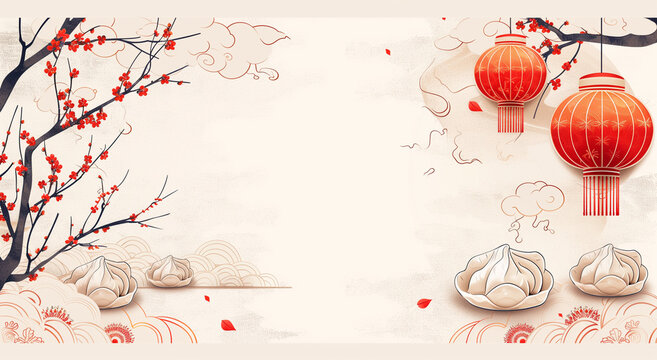 Traditional chinese lunar new year decorations with plum blossoms and lanterns