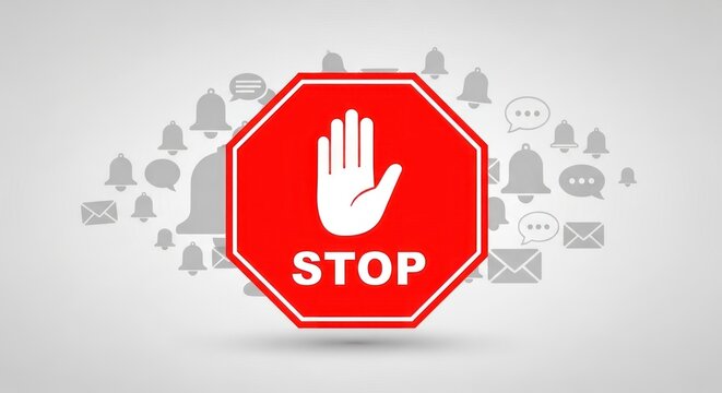 Red Stop Sign with Hand Symbol and Notification Icons Background.