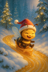 Cheerful cartoon bee wearing a Santa hat is joyfully sledding down a snowy hill surrounded by sparkling trees, capturing the essence of a winter wonderland celebration