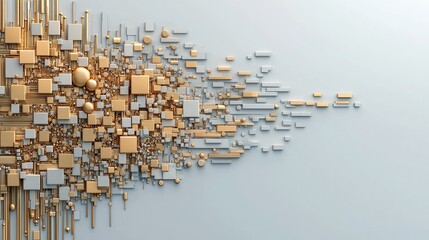 An abstract composition featuring a cluster of geometric shapes in gold and silver, arranged against a light background.