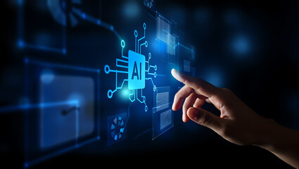 Close up of a human finger touching a glowing futuristic blue circuit board interface on a dark background with glowing lights