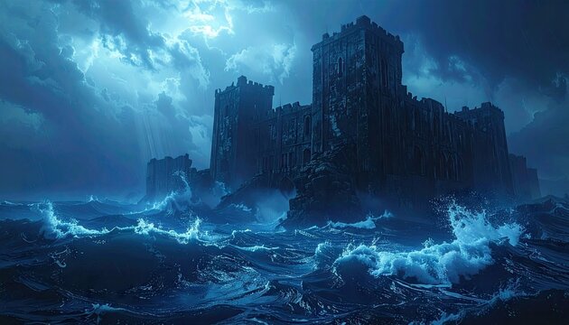 Mysterious Castle Structure Emerges From Deep Blue Ocean Waves Under Electric Storm Lighting With Sparkling Water Effects