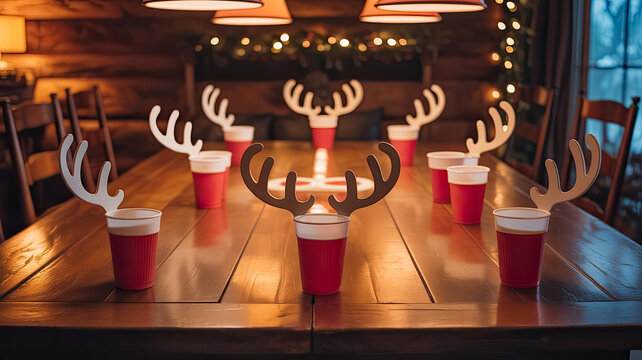 Rustic lodge dining table adorned with festive red cups and playful antler decorations, creating a cozy holiday atmosphere for gatherings and celebrations