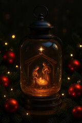 Illuminated Christmas nativity scene within a lantern, featuring figures of Mary, Joseph, and baby Jesus, surrounded by festive decorations and glowing lights