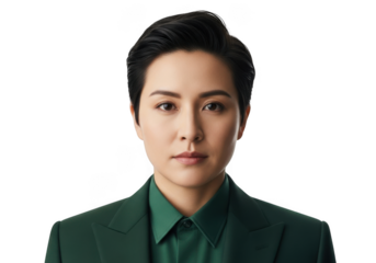 Professional portrait of a confident woman with short dark hair wearing a green suit isolated on transparent background