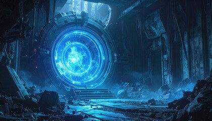 Mysterious Blue Energy Portal In Dark Ancient Ruin With Glowing Particles And Intricate Circular Design