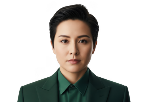 Professional portrait of a confident woman with short dark hair wearing a green suit isolated on transparent background