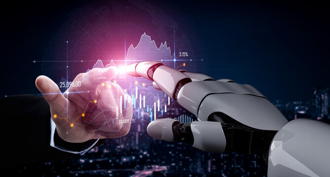 A human hand extends toward a robot hand, symbolizing the merging of technology and finance, set against a vibrant city skyline filled with digital graphs and data. Scalp