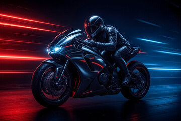 Futuristic motorcycle with neon lighting, a rider in black leather gear, racing through a vibrant cityscape, showcasing speed and modern design with dynamic motion effects