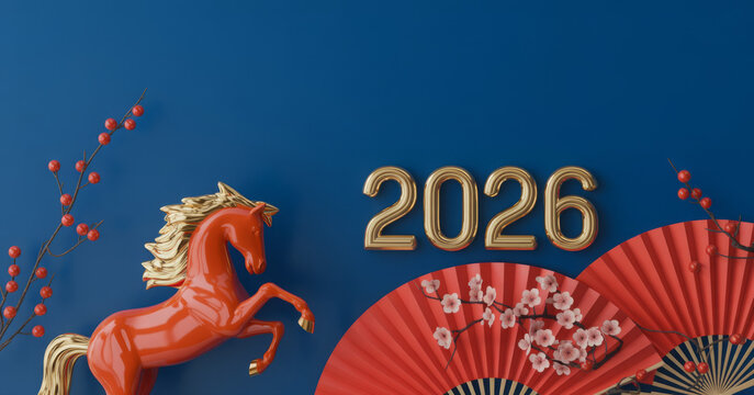 Year of the Horse 2026 a festive Chinese New Year design with a red horse fans and blossoms perfect for holiday greetings
