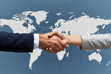 Global Agreement: Illustrating a handshake of partnership. A powerful visual representing international cooperation and understanding, set against the backdrop of a global map.