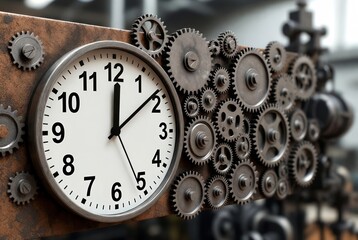 Mechanical Time: A captivating close-up showcases a clock embedded within an intricate network of gears and cogs, a testament to time's relentless march. 
