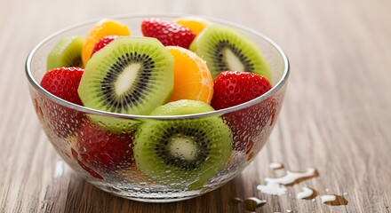 Delicious fruit salad bowl with kiwi strawberry and orange fresh healthy dessert sweet treat vitamin food diet