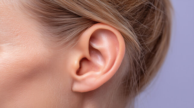 Close up of human ear with pale skin and light brown hair, showing detailed texture and slight dryness around helix, captured in soft lavender lighting for calm and natural mood