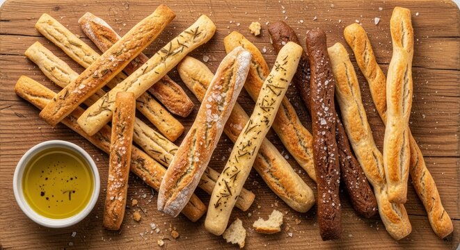 Delicious Grissini Breadsticks with Olive Oil Dip on Wooden Board.
