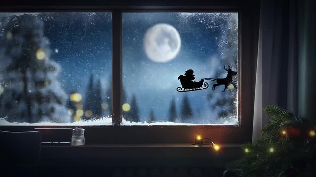 Magical Christmas Eve View of Santas Sleigh and Reindeer Flying in Moonlight.