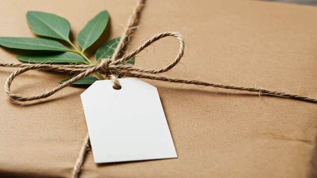 Wrapped parcel with twine, green leaves, and blank white tag, symbolizing thoughtful delivery and personalized touches