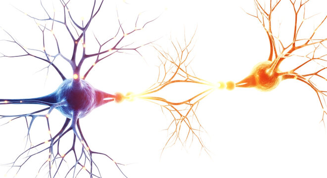 Two interconnected neurons with colorful cell bodies and branching dendrites, cutout, PNG isolated on white or transparent background