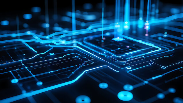 Abstract glowing blue digital circuit board with intricate pathways and illuminated data streams representing technology and innovation