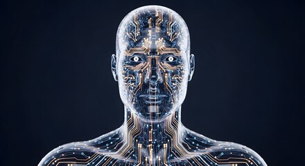 Digital human ai robot technology circuit futuristic face innovation cyborg connection network body