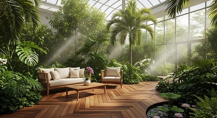 Sunlit conservatory living room with lush tropical plants and elegant furniture.
