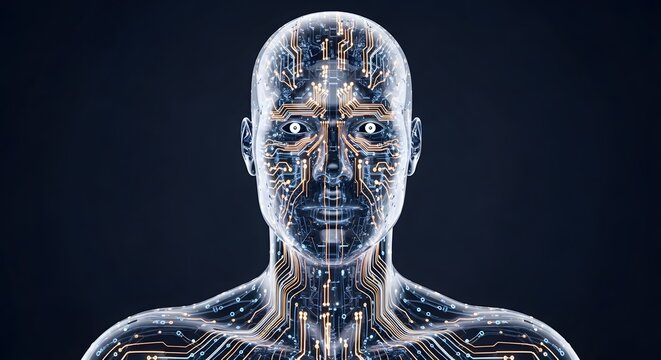 Digital human ai robot technology circuit futuristic face innovation cyborg connection network body