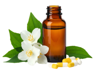 Jasmine Essential Oil Bottle & Capsules on Black Background