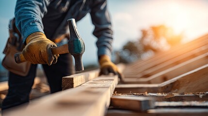 Carpenter hammering wooden beams on a roof structure.
