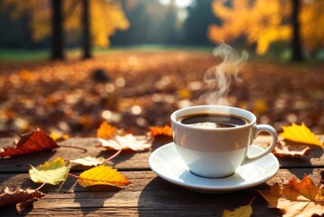 Autumn Coffee Moment: A steaming cup of coffee rests on a wooden surface, surrounded by the colorful foliage, the warm inviting tones of the autumn.