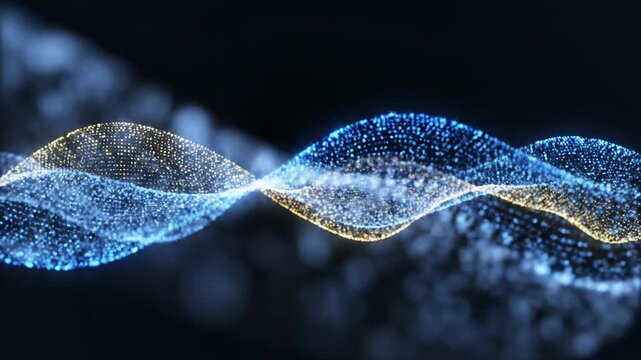 Seamlessly looping abstract background of vibrant glowing blue and yellow particle waves flowing effortlessly across a dark digital space science, blueandyellow, innovation