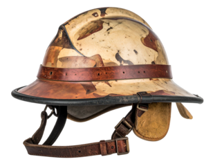 Old military helmet worn in combat