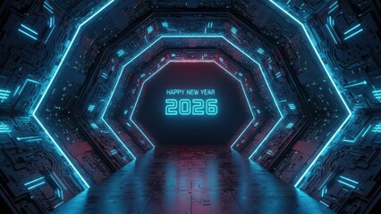 Futuristic neon tunnel with glowing blue and pink lights leading to a distant sign