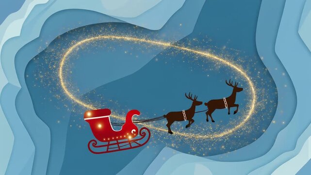 Santa Claus Sleigh and Reindeer Flying in a Sparkling Loop Animation.