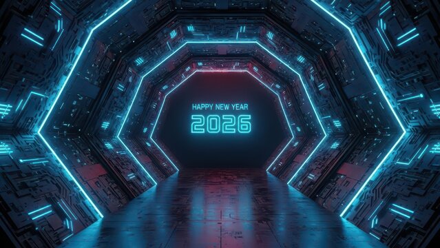 Futuristic neon tunnel with glowing blue and pink lights leading to a distant sign - Powered by Adobe