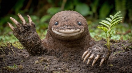 Mole inside soil burrow showing detailed underground tunnels and earthy textures.