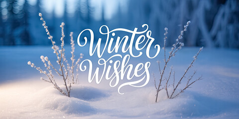 Winter wishes text overlay on a serene snowy landscape with delicate branches, capturing the essence of the winter season and evoking feelings of warmth and joy