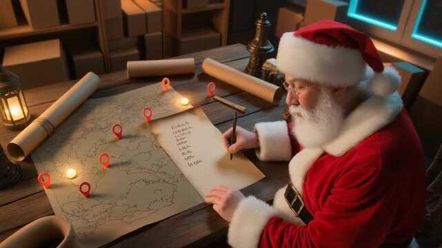 Santa Claus writing his naughty or nice list in a cozy workshop.