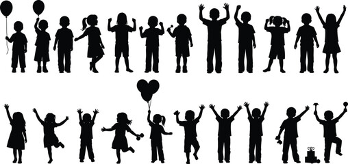 Children silhouettes celebrating, holding balloons and toys, joyful poses, festive activity, playful movement, happy kids group icons, flat vector