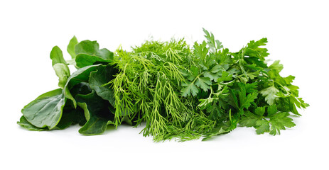 Fresh arugula dill and parsley leaves isolated on white background.