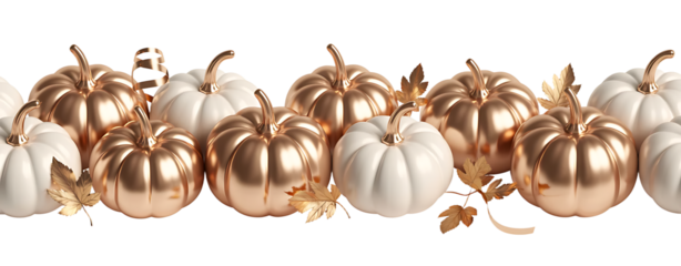 Collection of shiny rose gold and white pumpkins isolated on transparent background