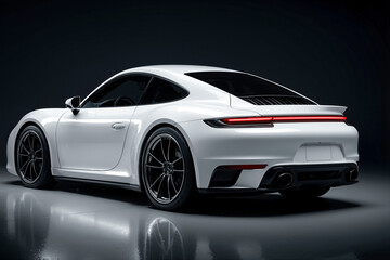 Obraz premium Sleek sports car with a glossy white finish and aerodynamic design, showcasing modern engineering and luxury aesthetics in a dramatic lighting environment